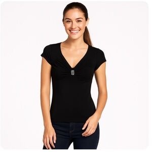 XI Black Short Sleeve T-Shirt Top Size XS Rhinestone Knot Front